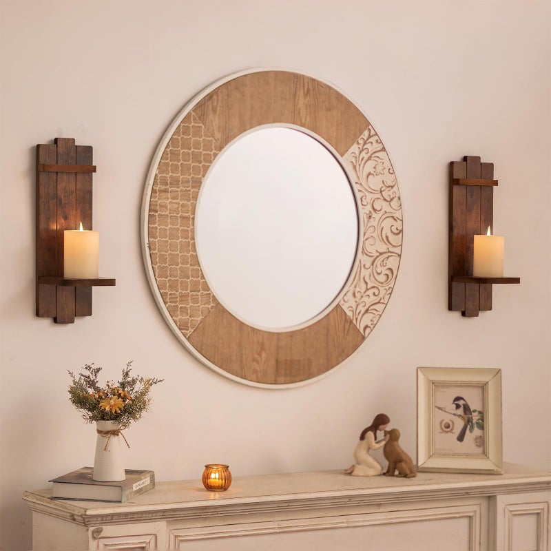 Walasis Rustic Candle Holder Farmhouse Wall Decor - Brown Candle Sconces Set of Two Wooden Vintage Hanging Wall Decoration for Fireplace Mantel Living Room Bedroom Dining Room - Image 3