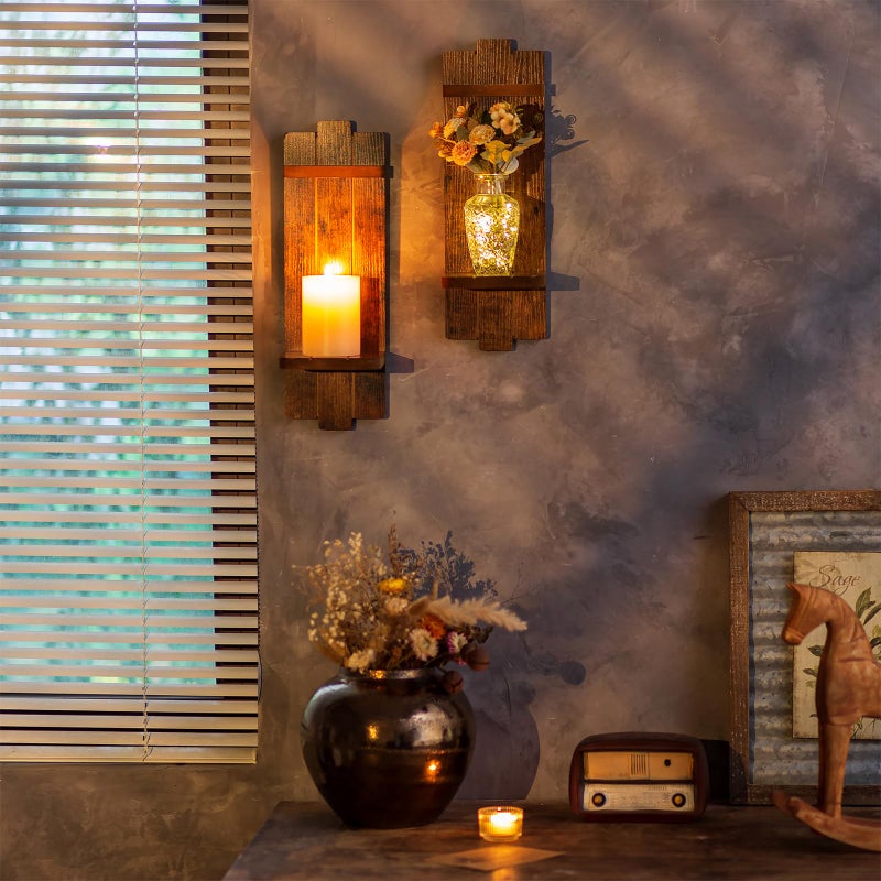Walasis Rustic Candle Holder Farmhouse Wall Decor - Brown Candle Sconces Set of Two Wooden Vintage Hanging Wall Decoration for Fireplace Mantel Living Room Bedroom Dining Room - Image 2