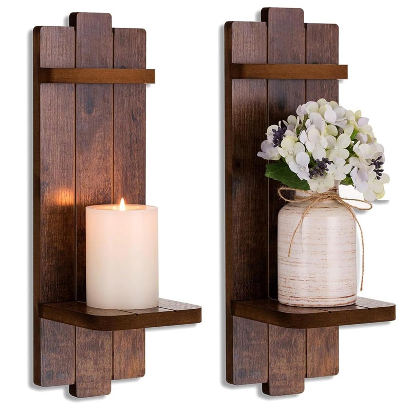 Walasis Rustic Candle Holder Farmhouse Wall Decor - Brown Candle Sconces Set of Two Wooden Vintage Hanging Wall Decoration for Fireplace Mantel Living Room Bedroom Dining Room - Image 1