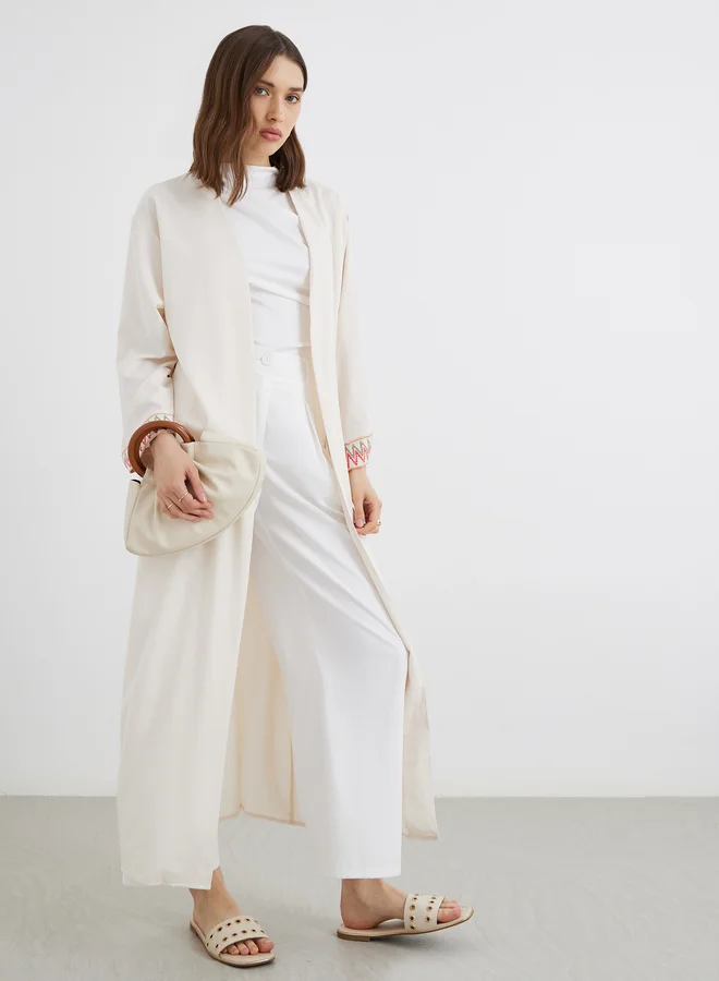 تايك تو Take Two Women Beige Solid Open Front Kimono with Contrast Cuff Detail