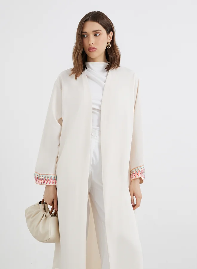 تايك تو Take Two Women Beige Solid Open Front Kimono with Contrast Cuff Detail