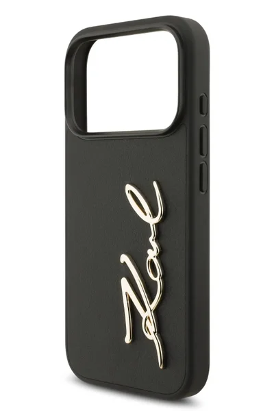 كارل لاغرفيلد جراب iPhone 17 Pro Max / غطاء خلفي من جلد البولي يوريثان مع شعار Karl Script والأزرار - أسود