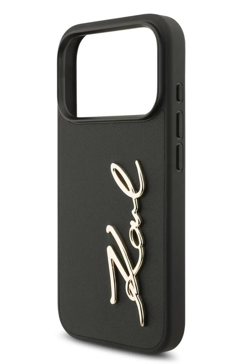 كارل لاغرفيلد جراب iPhone 17 Pro Max / غطاء خلفي من جلد البولي يوريثان مع شعار Karl Script والأزرار - أسود