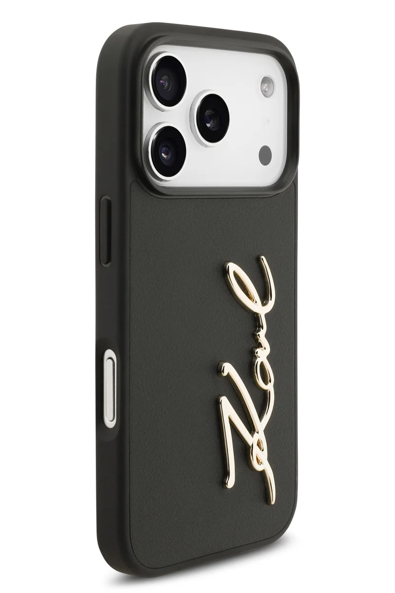 كارل لاغرفيلد جراب iPhone 17 Pro Max / غطاء خلفي من جلد البولي يوريثان مع شعار Karl Script والأزرار - أسود