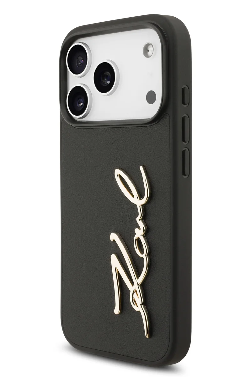 كارل لاغرفيلد جراب iPhone 17 Pro Max / غطاء خلفي من جلد البولي يوريثان مع شعار Karl Script والأزرار - أسود