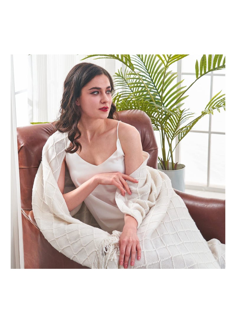 Y&D Knitted Throw Blankets for Couch and Bed, Soft Cozy Knit Blanket with Tassel, Off White Lightweight Decorative Throws, Farmhouse Warm Woven Men Women (127CM x 180CM)  - Image 1