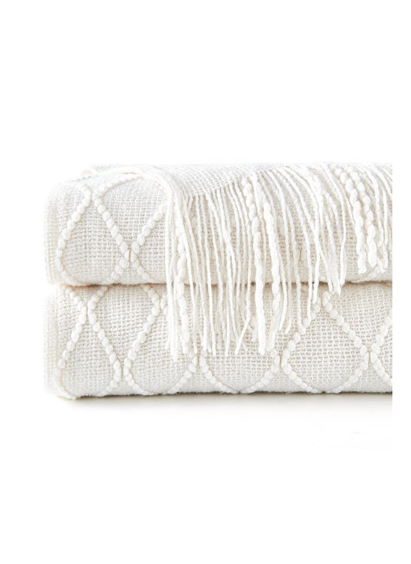 Y&D Knitted Throw Blankets for Couch and Bed, Soft Cozy Knit Blanket with Tassel, Off White Lightweight Decorative Throws, Farmhouse Warm Woven Men Women (127CM x 180CM)  - Image 2