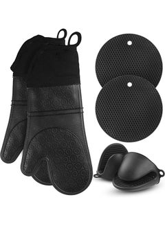 Arabest 6PCS Oven Mitts and Pot Holders Sets, Silicone Baking Gloves Heat Resistant Inner Soft Liner, Mini Oven Mittens and Hot Pads, Oven Gloves for Cooking, Grill and Bbq (Black)  - Image 1