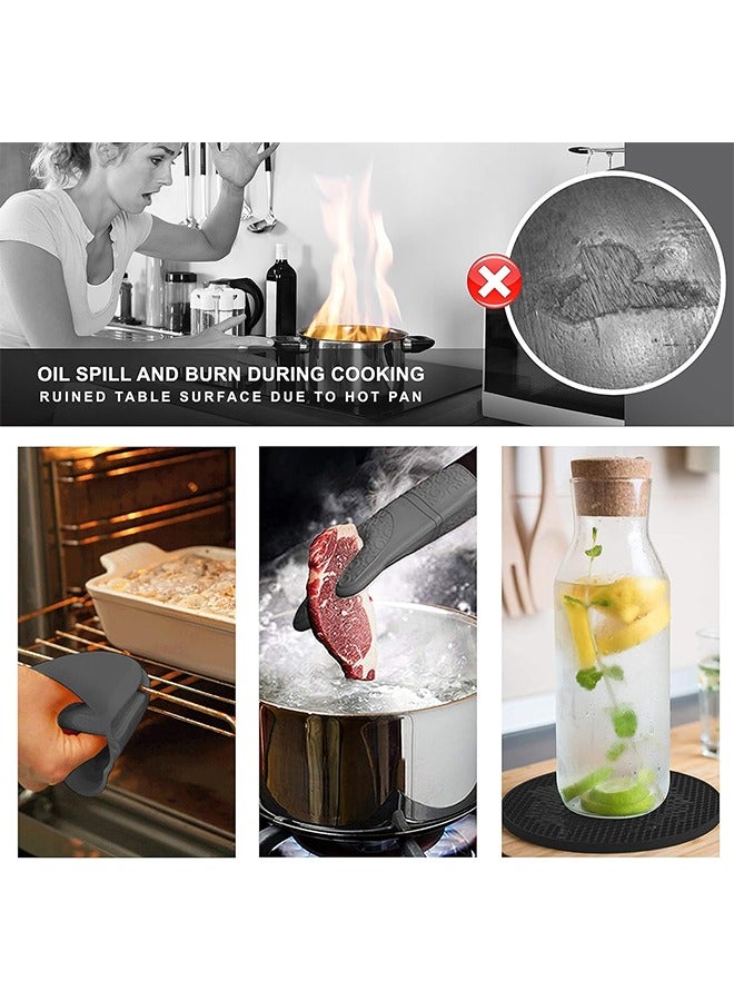 6PCS Oven Mitts and Pot Holders Sets, Silicone Baking Gloves Heat Resistant Inner Soft Liner, Mini Oven Mittens and Hot Pads, Oven Gloves for Cooking, Grill and Bbq (Black)
