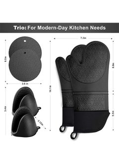 Arabest 6PCS Oven Mitts and Pot Holders Sets, Silicone Baking Gloves Heat Resistant Inner Soft Liner, Mini Oven Mittens and Hot Pads, Oven Gloves for Cooking, Grill and Bbq (Black)  - Image 2