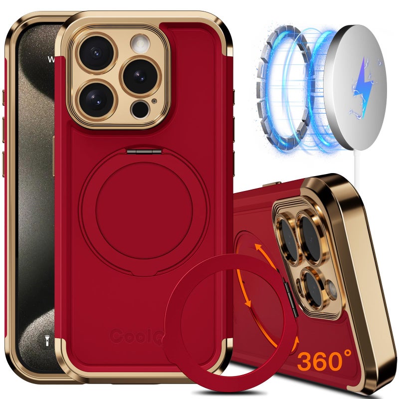 COOLQO for iPhone 14 Pro Max Case 6.7'' Upgraded 360Â° Spin Magnetic Stand [Compatible with Magsafe][Military Protection] Shockproof Protective Phone Holder Cover for iPhone 14 Pro Max, Red Gold - Image 1