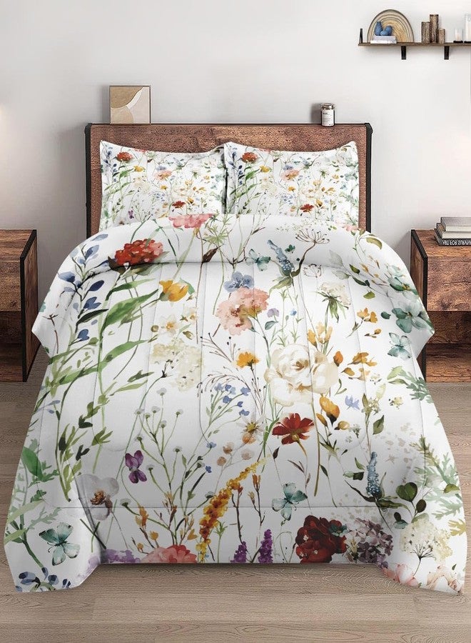 WeCozy Queen Size Comforter Set with 2 Pillowcases, Wildflower Flower Floral 3 Pcs Bedding for Kids and Adults, Boho Watercolor Butterfly Soft Comforter Set for Bedroom Bed Decor - Image 1