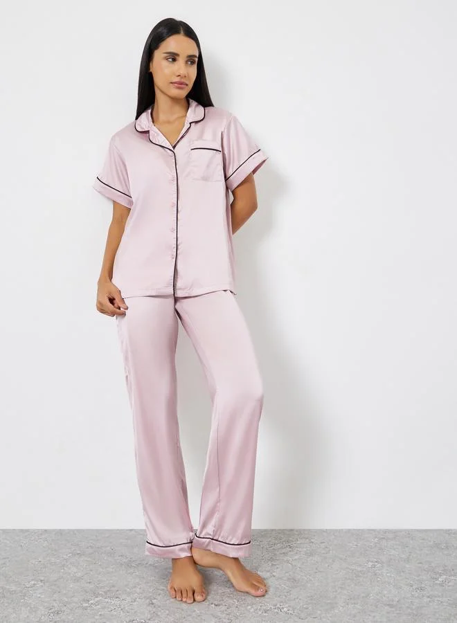 Styli Satin Piped Pocket Shirt and Pyjama Set