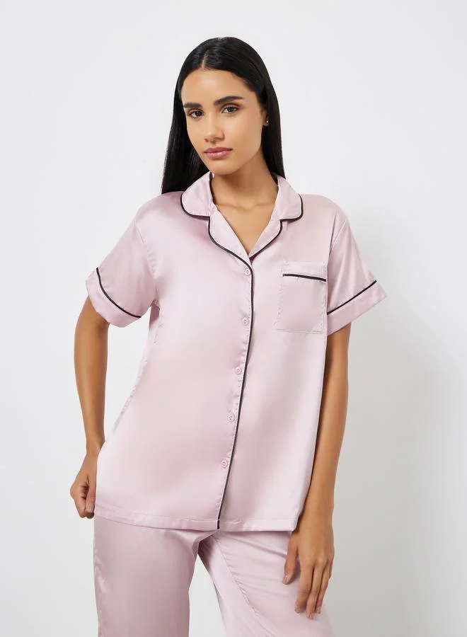 Styli Satin Piped Pocket Shirt and Pyjama Set