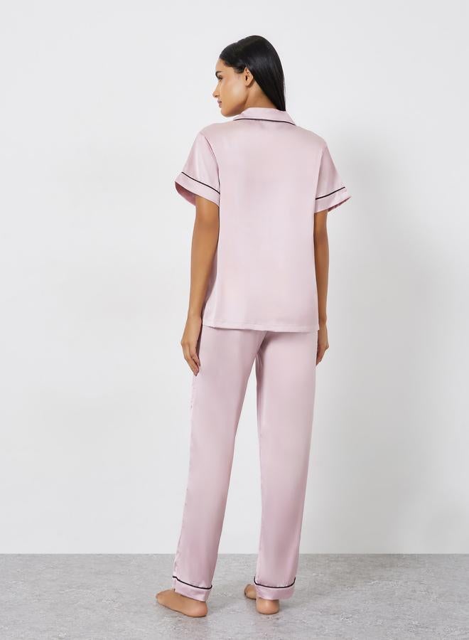 Styli Satin Piped Pocket Shirt and Pyjama Set - Image 5