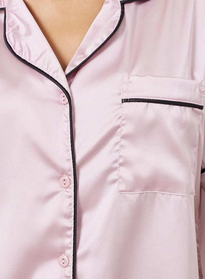Styli Satin Piped Pocket Shirt and Pyjama Set - Image 3