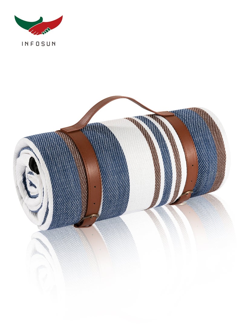 INFOSUN Portable Outdoor Picnic Blanket 200 * 200cm Extra Large Waterproof and Foldable, 3-Layer Outdoor Blanket for 6 to 8 Adults,For Camping, Park, Beach, Grass, Indoors (Blue and White) - Image 1