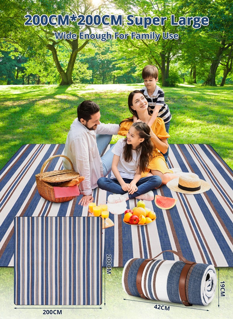 INFOSUN Portable Outdoor Picnic Blanket 200 * 200cm Extra Large Waterproof and Foldable, 3-Layer Outdoor Blanket for 6 to 8 Adults,For Camping, Park, Beach, Grass, Indoors (Blue and White) - Image 5
