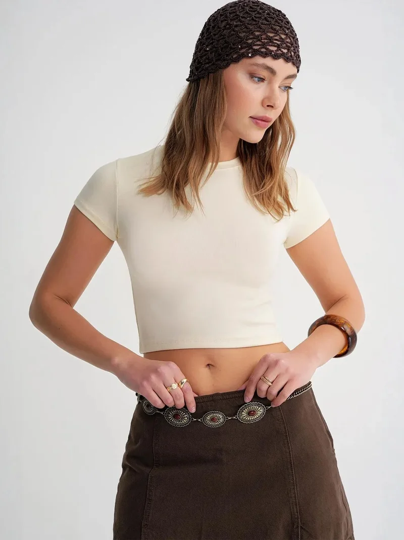 Mixray Amber Yellow Mixray Fitted Crop Knitted T-Shirt for Women | Best Price UAE