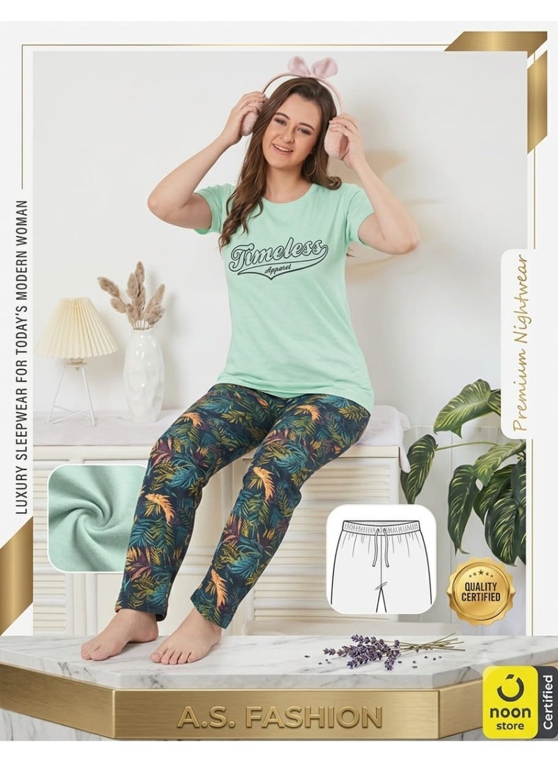 Women's Short Sleeve T-Shirt and Printed Pajama Pants Night Suit Set
