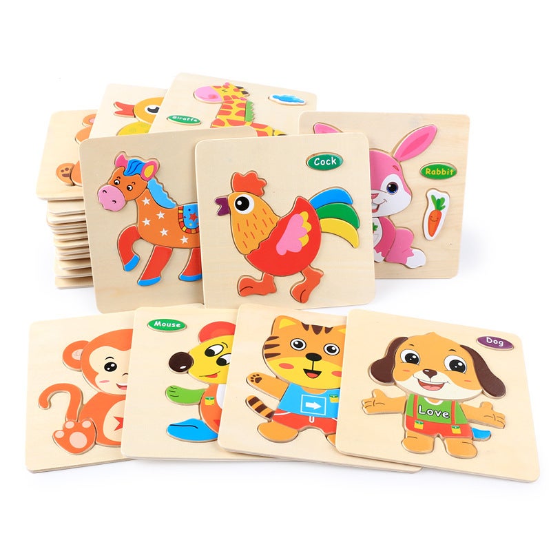 Wooden Children'S Cartoon Three-Dimensional Jigsaw Puzzle Baby Educational Early Education Toy Animal Traffic Hand-Held Toy 2-3 Years Old - Image 3