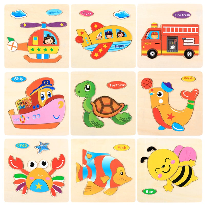 Wooden Children'S Cartoon Three-Dimensional Jigsaw Puzzle Baby Educational Early Education Toy Animal Traffic Hand-Held Toy 2-3 Years Old - Image 2