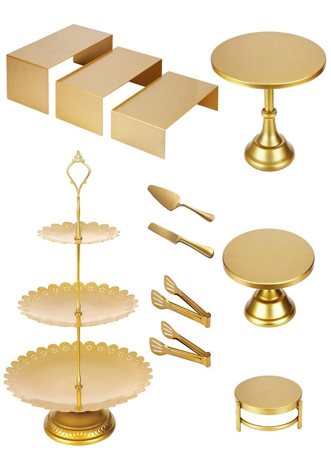 MLLNFUE 11 Pcs Gold Dessert Table Display Set, Metal Cake Stands and Tiered Serving Tray with Cake Servers and Tongs for Wedding Anniversary and Party Decor - Image 1
