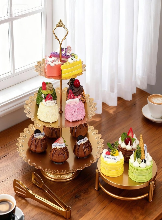 MLLNFUE 11 Pcs Gold Dessert Table Display Set, Metal Cake Stands and Tiered Serving Tray with Cake Servers and Tongs for Wedding Anniversary and Party Decor - Image 3