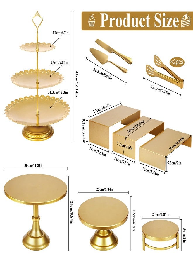 MLLNFUE 11 Pcs Gold Dessert Table Display Set, Metal Cake Stands and Tiered Serving Tray with Cake Servers and Tongs for Wedding Anniversary and Party Decor - Image 2