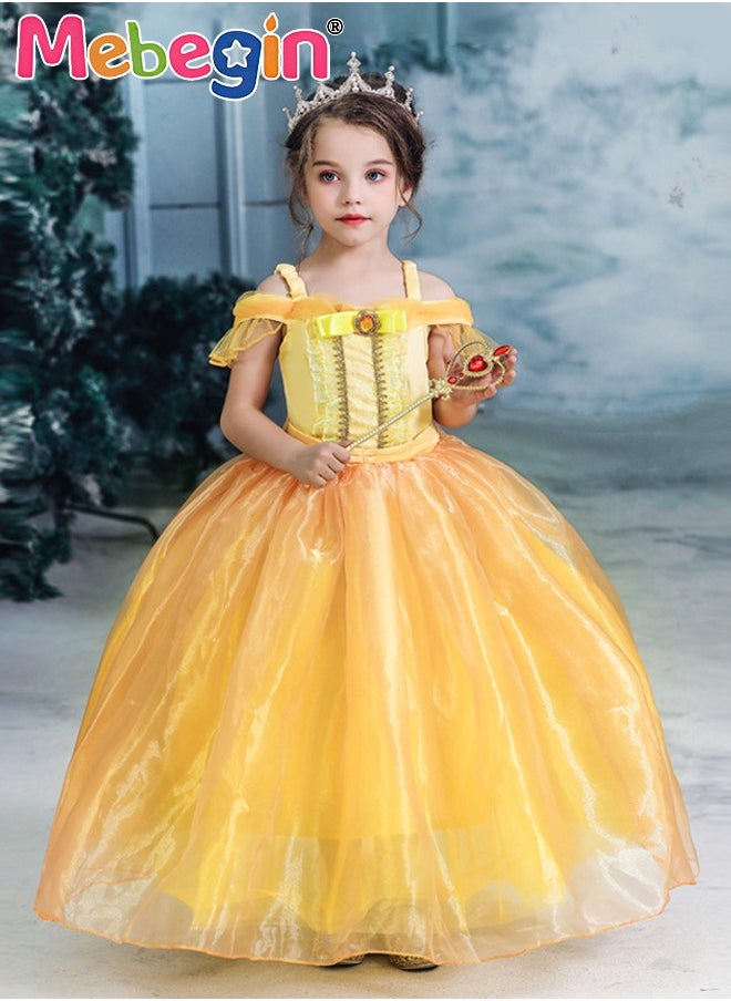 MEBEGIN Princess Belle Dress Set with Crown, Gloves and Magic Wand, Elegant Princess Dress Up Costume for Girls, Belle Princess Tutu, Made of Breathable Soft Polyester, Great for Fancy Dress Parties, Birthdays, Prom Outfits and Cosplay Activities  - Image 2