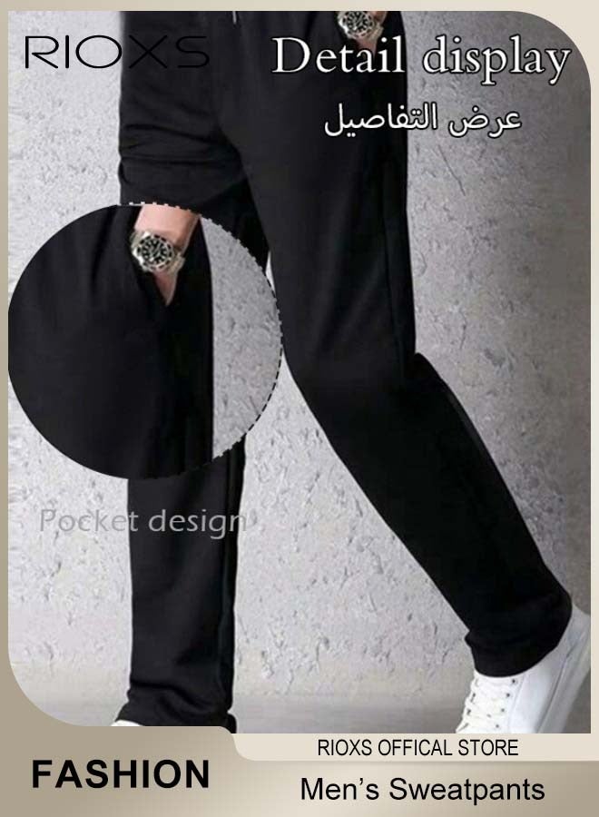RIOXS Men's Straight Wide Leg Sweatpants, Casual Lightweight Open Bottom Baggy Sports Pants, Drawstring Elastic Waist Joggers with Side Pockets, Comfortable Breathable Loose Fit Gym Sweatpants Lounge Pants, Trendy Athletic Running Pants, Suitable for Outdoor Activities and Daily Leisure, Black - Image 3