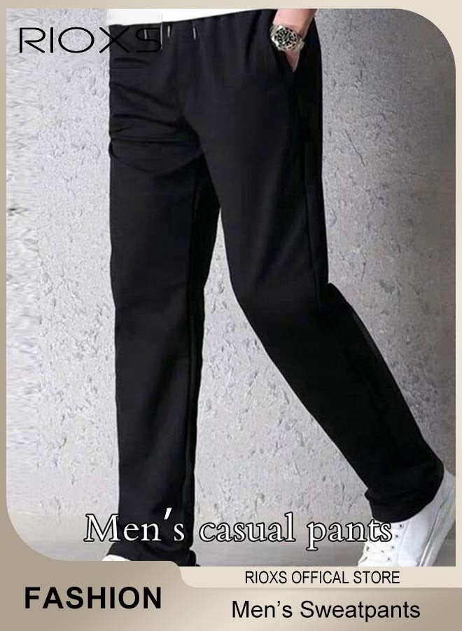 RIOXS Men's Straight Wide Leg Sweatpants, Casual Lightweight Open Bottom Baggy Sports Pants, Drawstring Elastic Waist Joggers with Side Pockets, Comfortable Breathable Loose Fit Gym Sweatpants Lounge Pants, Trendy Athletic Running Pants, Suitable for Outdoor Activities and Daily Leisure, Black - Image 1