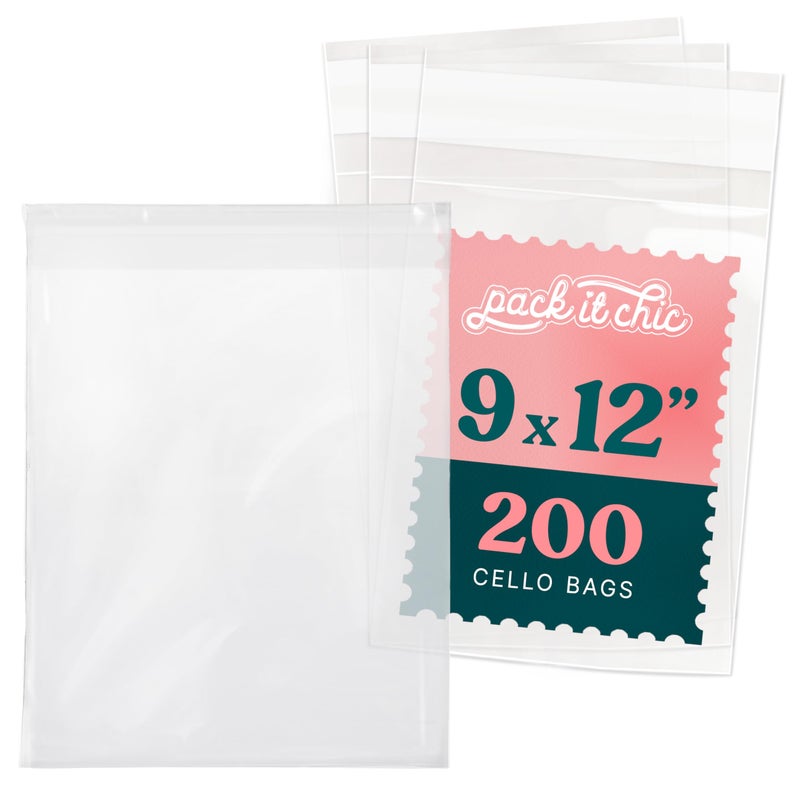 Pack It Chic - 9â€ X 12â€ Self Sealing Cellophane Bags (200 Pack) - Resealable Adhesive Clear Bags for Gifts, 9X12 Photos, Prints, Envelopes, Letter Sized Documents - Image 1