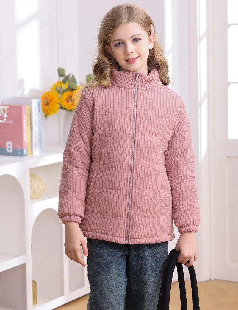 Floral Find Girls Long Sleeve Winter Jacket Coats Zip Up Stand Collar Corduroy Quilted Outerwear Jackets with Pocket (Pink, 4-5Y) - Image 2