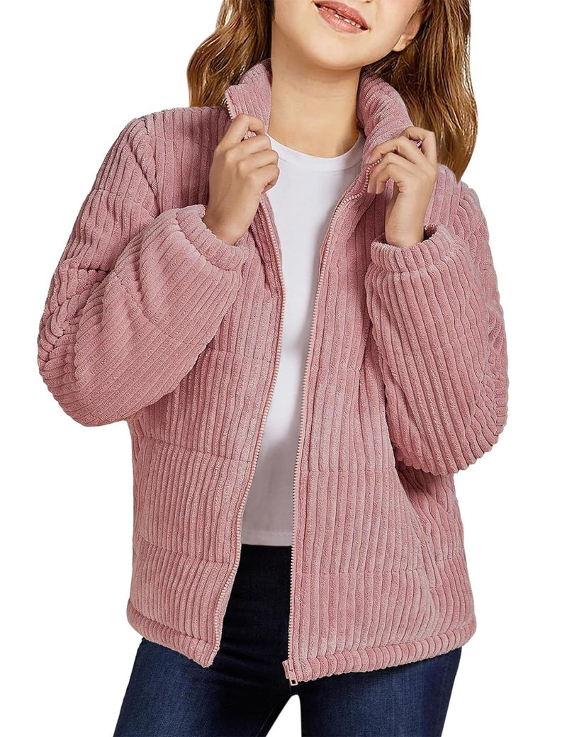 Floral Find Girls Long Sleeve Winter Jacket Coats Zip Up Stand Collar Corduroy Quilted Outerwear Jackets with Pocket (Pink, 4-5Y) - Image 1
