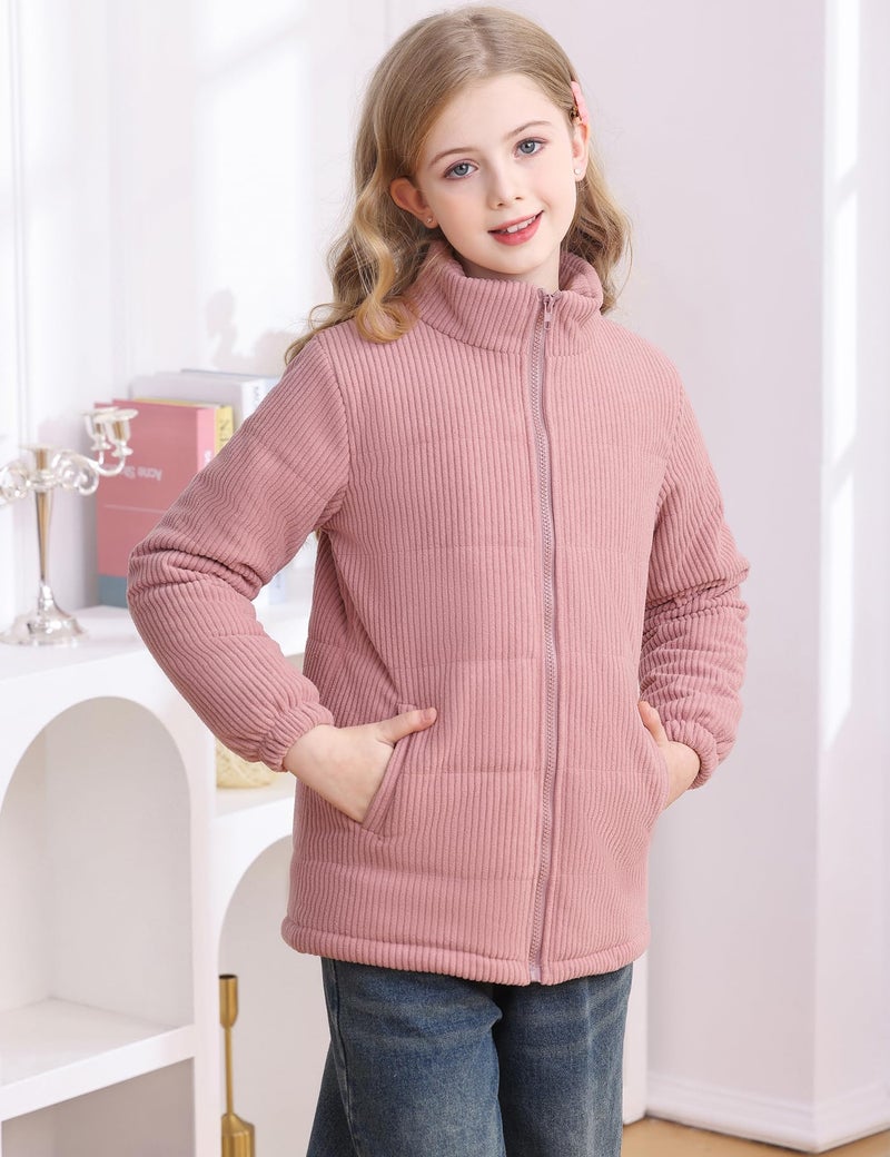 Floral Find Girls Long Sleeve Winter Jacket Coats Zip Up Stand Collar Corduroy Quilted Outerwear Jackets with Pocket (Pink, 4-5Y) - Image 3
