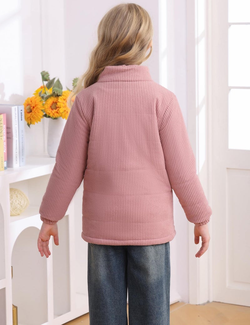 Floral Find Girls Long Sleeve Winter Jacket Coats Zip Up Stand Collar Corduroy Quilted Outerwear Jackets with Pocket (Pink, 4-5Y) - Image 5