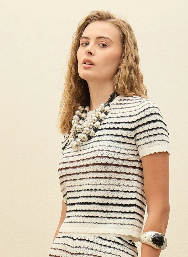 SASSAFRAS Crochet Striped Top for Women