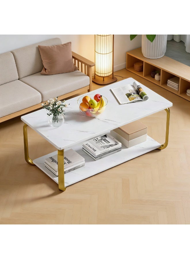 Modern 2-Tier Coffee Table with White Marble Vein Top & Gold Metal Frame, Rectangular Living Room Center Table, Minimalist Accent Table with Open Storage Shelf for Apartment, Office, Small Space（CJ035) - Image 1