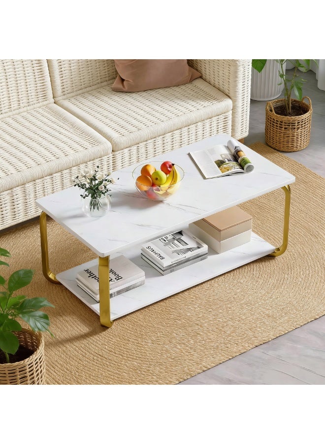 Modern 2-Tier Coffee Table with White Marble Vein Top & Gold Metal Frame, Rectangular Living Room Center Table, Minimalist Accent Table with Open Storage Shelf for Apartment, Office, Small Space（CJ035) - Image 2