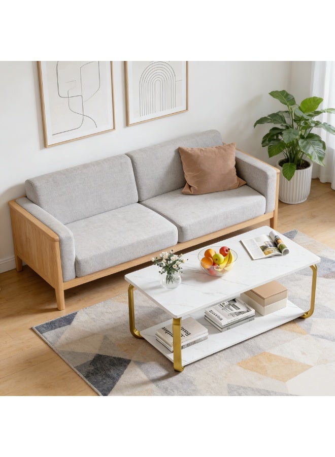 Modern 2-Tier Coffee Table with White Marble Vein Top & Gold Metal Frame, Rectangular Living Room Center Table, Minimalist Accent Table with Open Storage Shelf for Apartment, Office, Small Space（CJ035) - Image 3