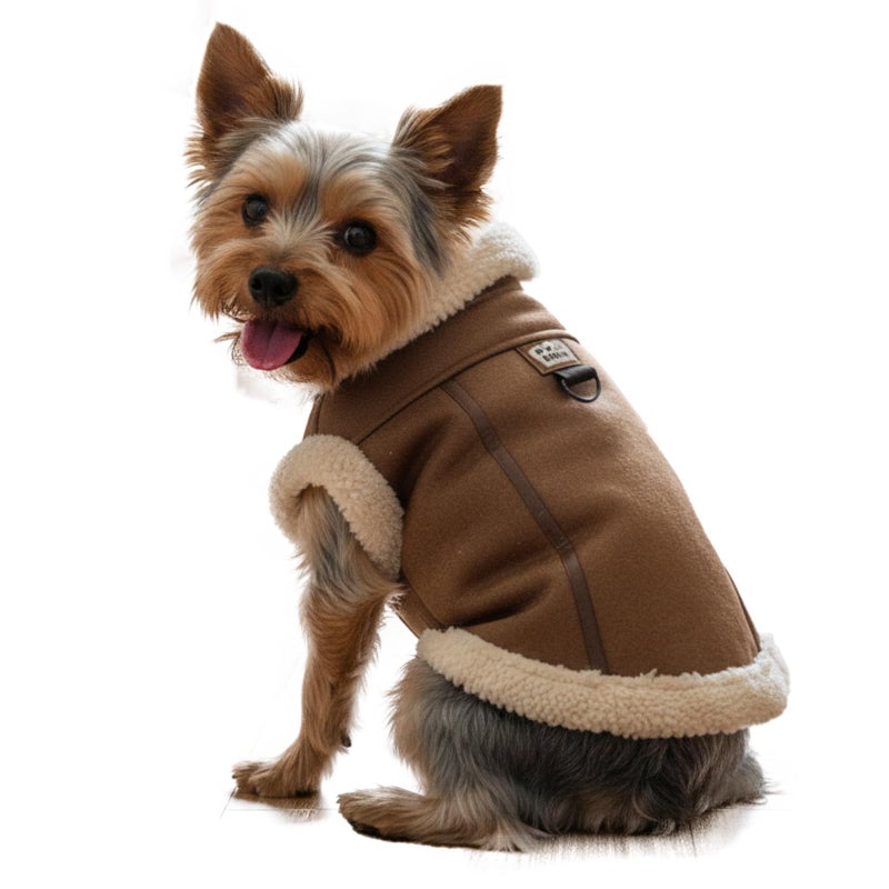 LUVMOJO Retro Aviator Dog Jackets â€“ Faux Leather Winter Coats with Sherpa Fleece Lining for Dogs, Warm Windproof Pilot Style Doggy Clothing for Small, Medium Puppy, Pet Motorcycle Costume, Coffee S - Image 1