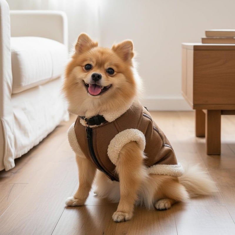 LUVMOJO Retro Aviator Dog Jackets â€“ Faux Leather Winter Coats with Sherpa Fleece Lining for Dogs, Warm Windproof Pilot Style Doggy Clothing for Small, Medium Puppy, Pet Motorcycle Costume, Coffee S - Image 2