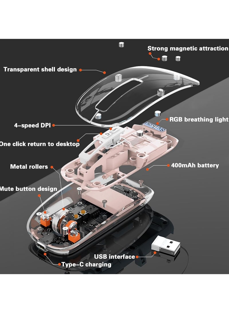 Moxom Wireless Mouse Crystal Transparent, Gaming Adjustable DPI, Triple 2.4G Mode Switching Bluetooth 2, Rechargeable digital display Silent Mouse for PC Laptops Mac iPhone Android (Pink) - Image 2