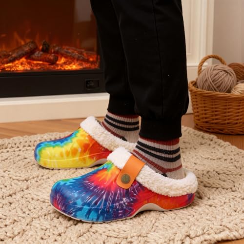 ChayChax Women and Men Fur Lined Clogs Memory Foam Warm Fuzzy Slippers Winter Waterproof Indoor Outdoor Slipper, Tie Dye, 9.5-10.5 Women/8.5-9 Men - Image 3