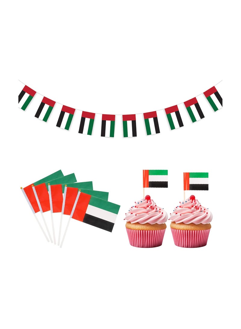 Generic UAE National Day Party Supplies Combo – Includes 1 UAE Flag Bunting, 25 Handheld UAE Flags, and 25 Double-Sided Cake Toppers – Ideal for National Day Celebrations, UAE Events  - Image 1