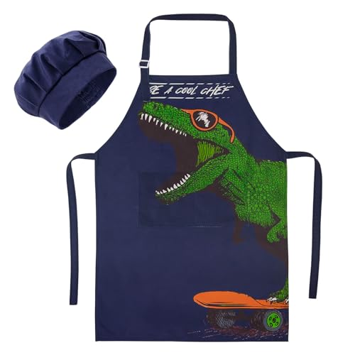 MHJY Kids Apron and Chef Hat for Boys Dinosaur Child Aprons with PocketsAdjustable Child Apron for Cooking Baking Painting 312 Years - Image 1