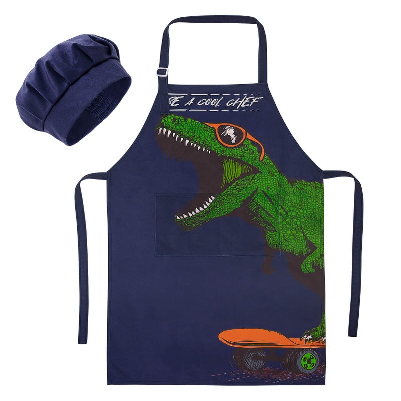 MHJY Kids Apron and Chef Hat for Boys Dinosaur Child Aprons with PocketsAdjustable Child Apron for Cooking Baking Painting 312 Years - Image 2