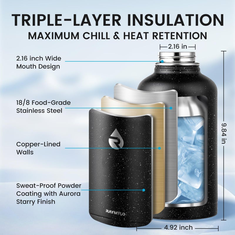 Raymylo 64Oz Insulated Water Bottle  Triple Wall Vacuum Stainless Steel Water Bottles - Keeps Cold 48H  Reusable Half Gallon Jug For Gym  Sports  Camping  Hiking Travel  Starry Sky-Black - Image 4