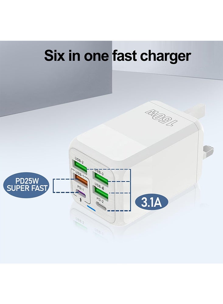 X-level 150W 6 Ports Multifunctional Universal Fast Charging Adapter Mobile Phone Charger Universal Travel Power Adapter Pad and Computer Chargers International Wall Charger QC3.1 PD25W USB3.1A  for iPhone 16/15/14/13/12/11, Samsung Galaxy S25 Ultra /S24/Galaxy Z Fold 3、A14 A42 A53、A54 A71, iPad,AirPods, White - Image 5